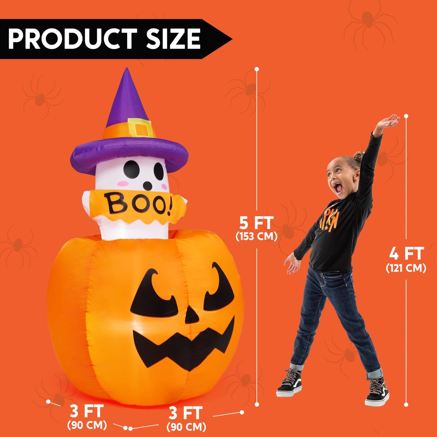 5ft Tall Halloween Animated Inflatables Outdoor Decorations, Inflatable Ghost on Pumpkin with LEDs, Cute Blow Up Pumpkin Ghost Decor for Outside Yard Outdoor Lawn Garden Party Decoration