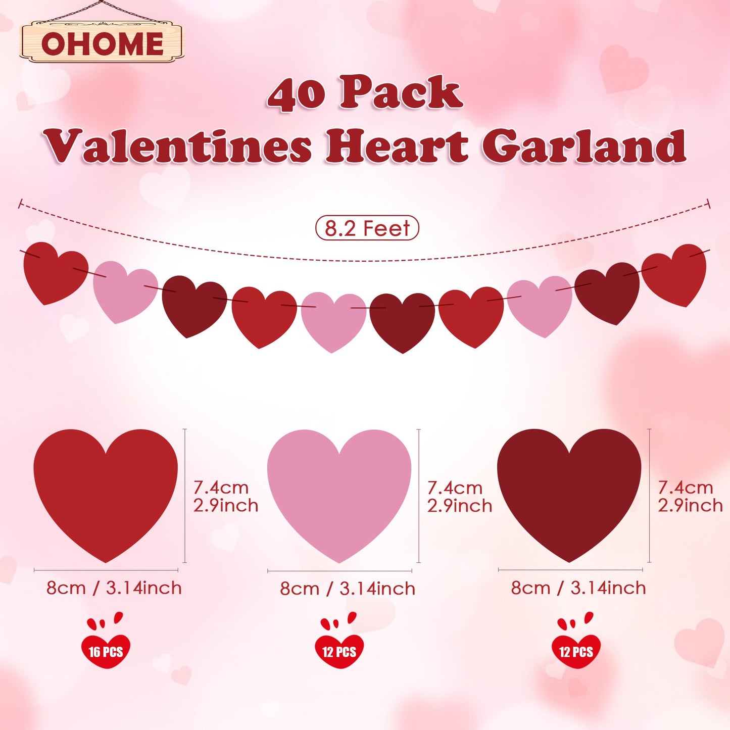 Valentines Day Decorations - Heart Valentines Garland - 40 Pack Valentine's Day Backdrop Banner Valentine's Day Accessories Party Favors for Door Wall Classroom School Home-Valentines Day Decor