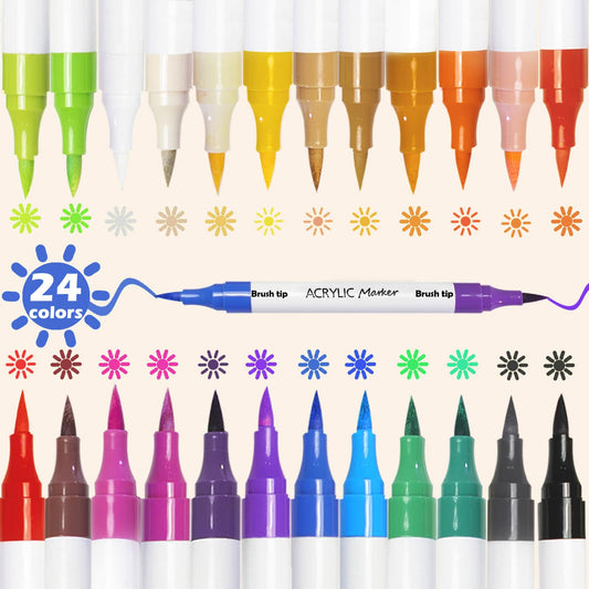 Fabric Markers for Clothes 24 Colors Set Acrylic Canvas Markers, Dual Brush Tip Markers for Coloring Markers No Bleeding, DIY Tooli Art Acrylic Paint Pens for Rock