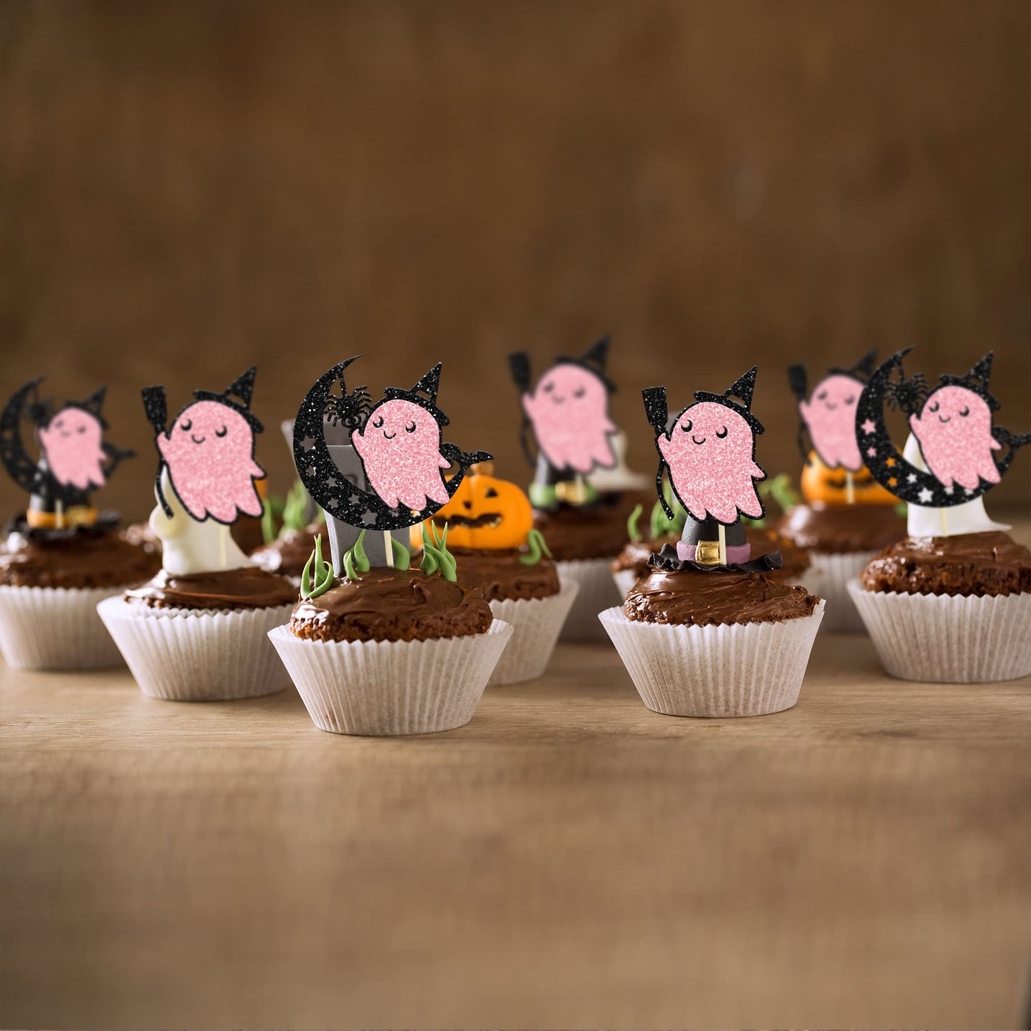 24Pcs Pink Halloween Cupcake Toppers Pink Ghost Little Boo Cake Toppers Decorations for Pink Girl Halloween Birthday Baby Shower Party Supplies