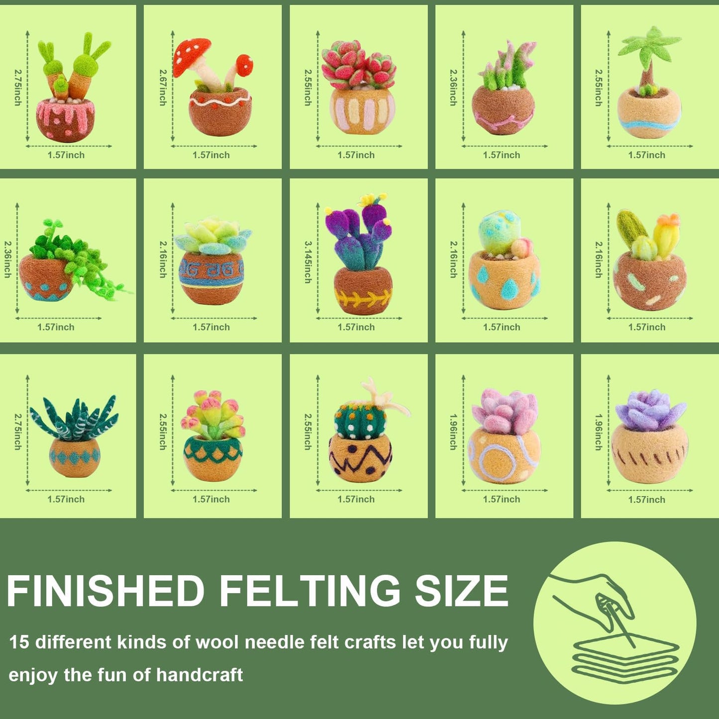 15pcs Succulent Needle Felting Kit for Beginners Adult - DIY Starter Kit with Wool Roving, Felting Mat, Needles, Instructions for Home Decoration Crafts