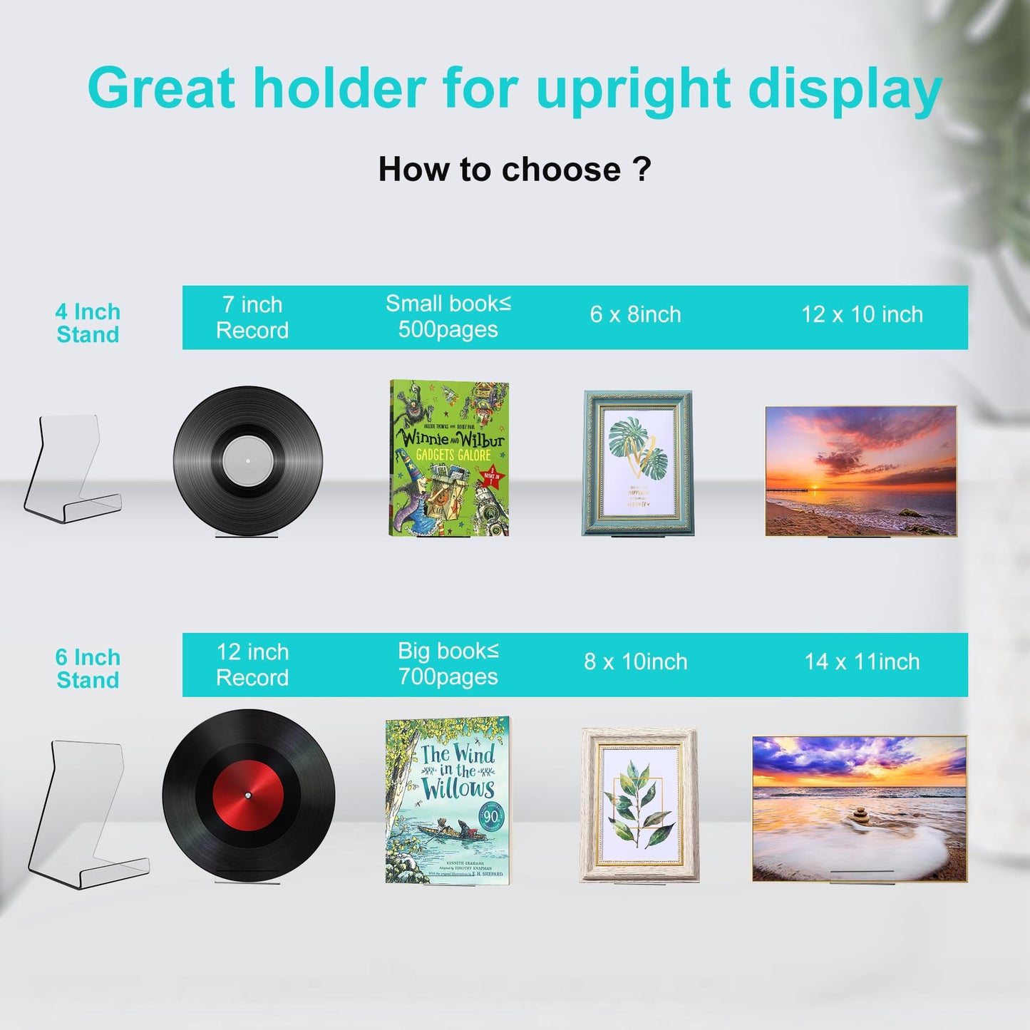 Acylic Upright Display Stand, 6PC 4 Inch Clear Display Holder Easel Base Picture Frame for Home Office School Store to Display Book, Vinyl Record, Album, LP Cover, Artworks, CDs