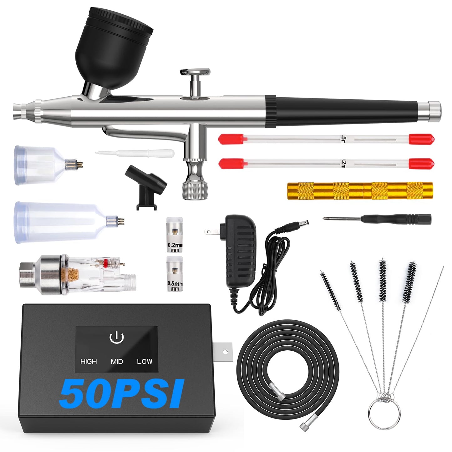 Airbrush Kit with Air Compressor: 50PSI High Pressure Air Brush Kit with 0.2/0.3/0.5mm Nozzle & Cleaning Set for Painting, Modeling, Cake Decorating, Makeup, Nails, Crafts