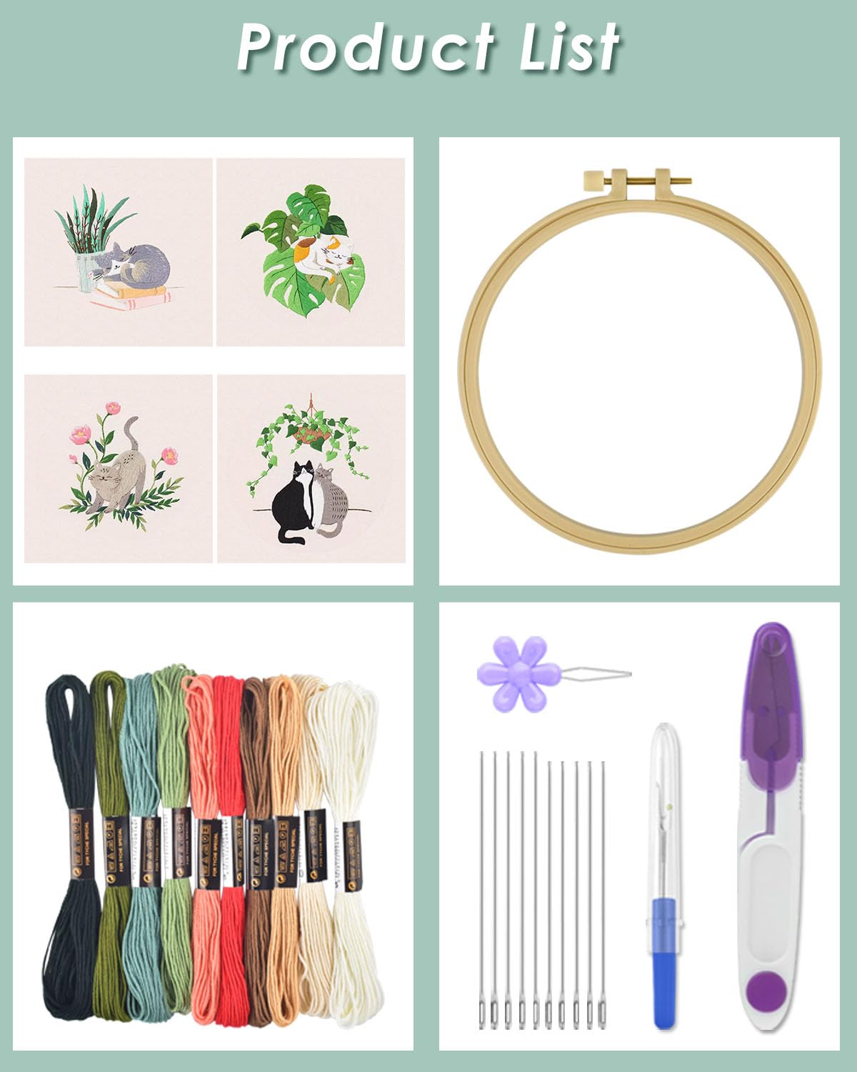 4 Sets Embroidery Kit for Beginners,Hummingbird and Flower Cross Stitch Set for Include Embroidery Cloth Hoops Threads for Craft Lover Hand Stitch (Cat)