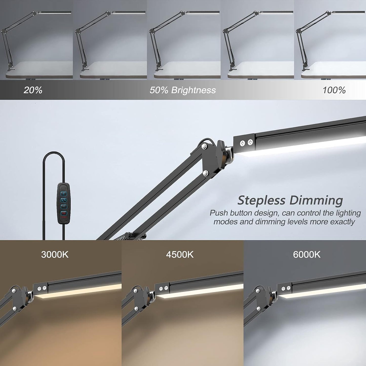 LED Desk Lamp with Clamp, 3 Color Modes Architect Modern Swing Arm Lamp Desk Light, Dimmable Eye-Care Table Light, Memory Function, Task, Study, Reading, Work, Craft, Sewing, Drafting, Home Office 10W