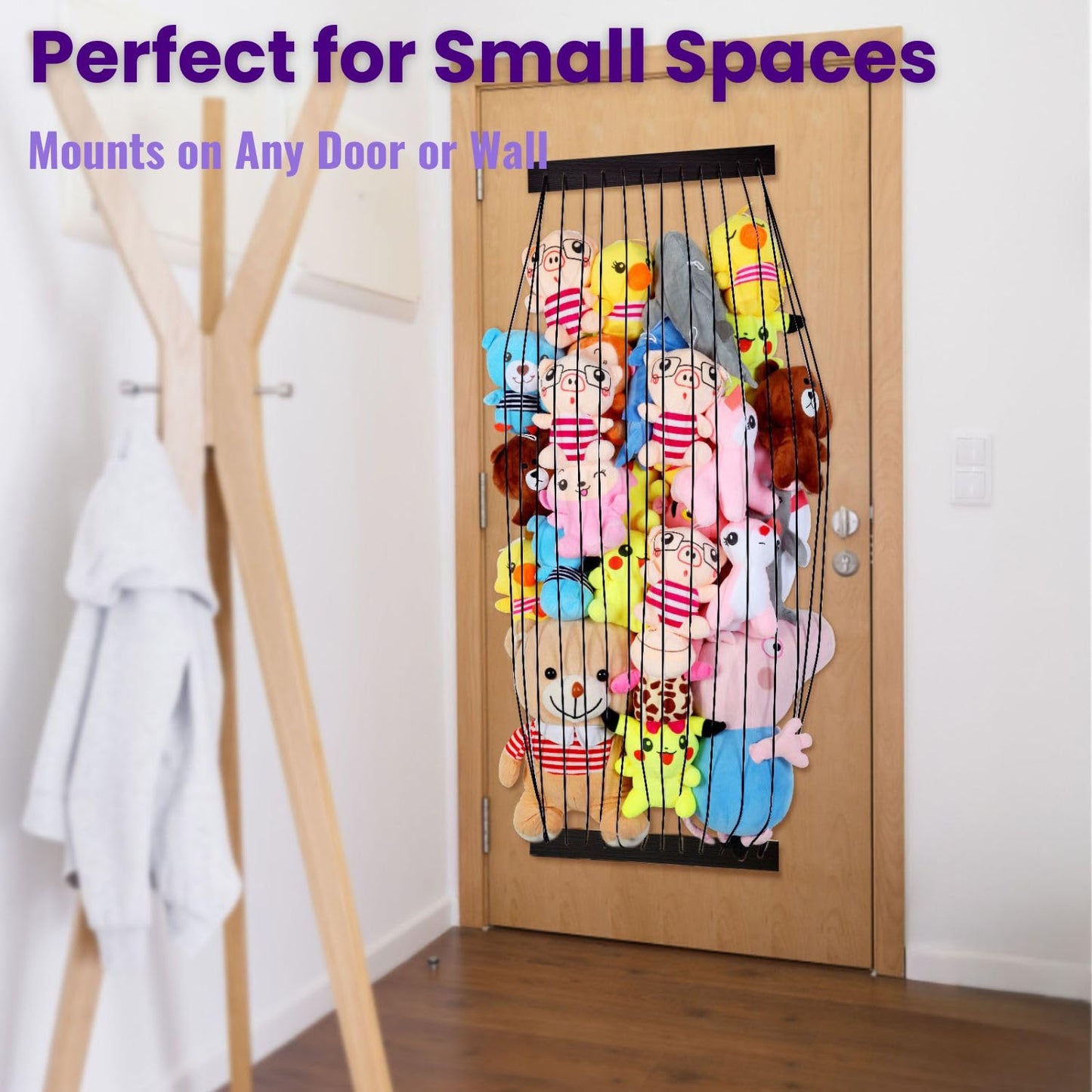 Stuffed Animal Storage Wooden Soft Toy Storage for Kids Room，Wall Mount Door Hanging Stuffed Animal Toy Organizer Shelf for Nursery Play Room Black -Patent