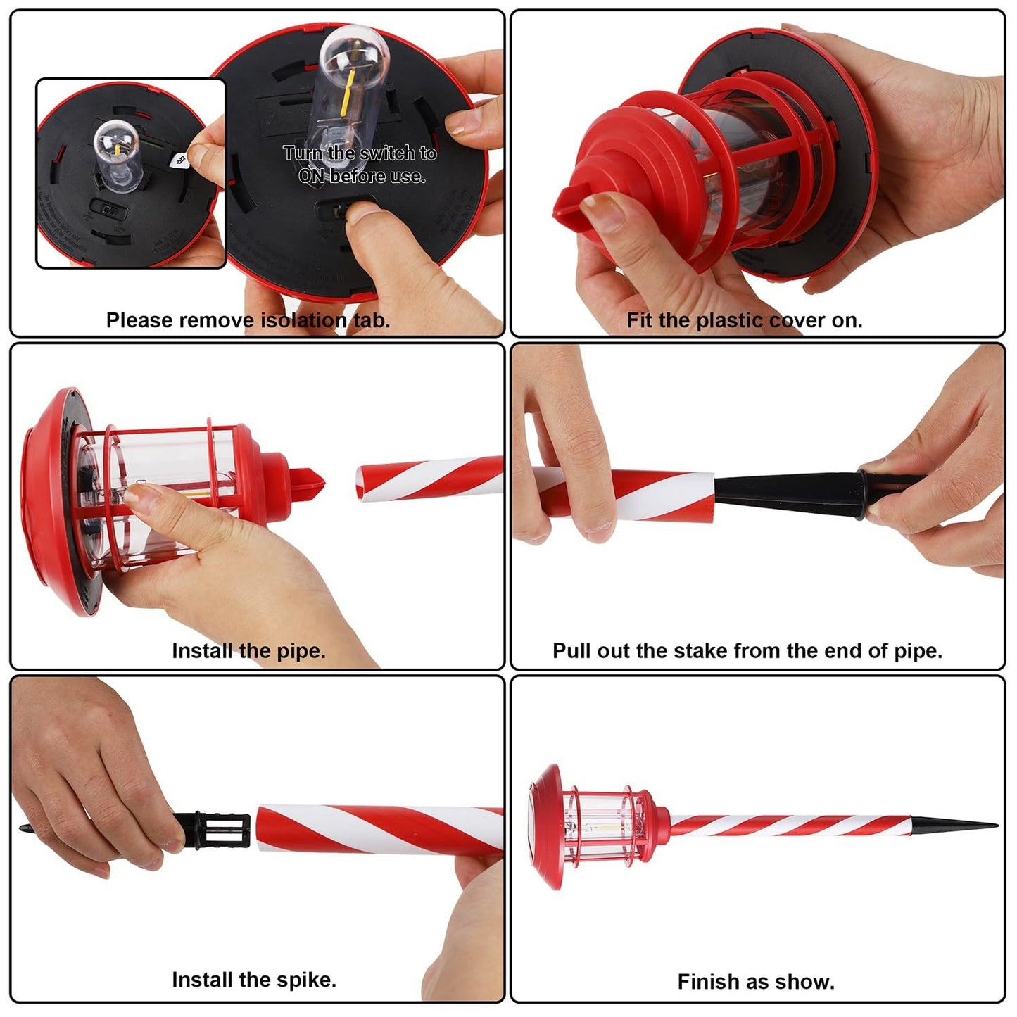 Dynaming 6 Pack Dual Use Solar Christmas Path Lights Outdoor, Hanging Lantern Solar Garden Light with Edison Bulb, Xmas Pathway Markers, Auto On/Off Candy Cane Lights for Patio Yard Walkway Driveway