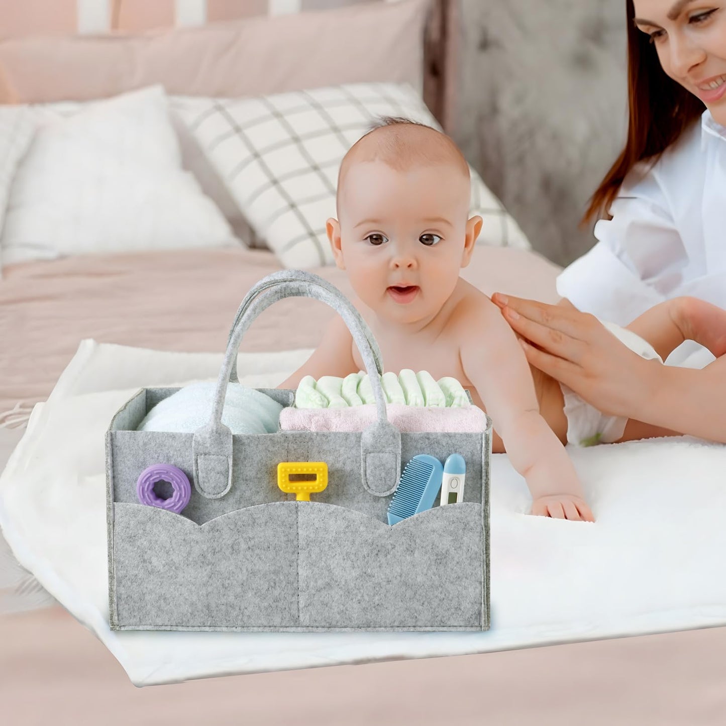 PandaEar Baby Diaper Caddy Organizer, Portable Diaper Holder Organizer Nursery Storage Basket for Wipes & baby stuff, Collapsible Baby Organizer with Divided Design (Grey)