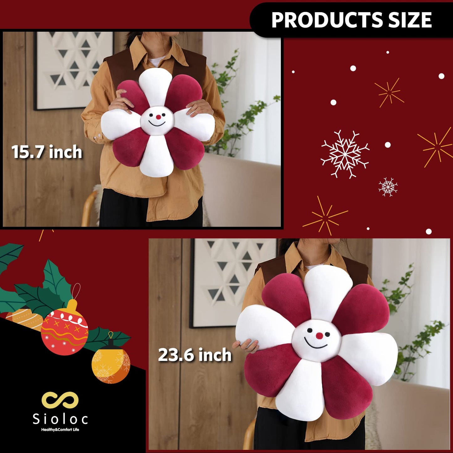 Sioloc Flower Pillow,Flower Shaped Throw Pillow Christmas Decor Flower Floor Pillow,Seating Cushion,Cute Room Decor & Plush Pillow for Bedroom Sofa Chair(Snowman, 15.7Inch)