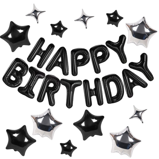 Happy Birthday Banner 13pcs 16 Inch Mylar Foil Letters with 12pcs Star Balloons Birthday Party Decorations for Kids and Adults - 3D Black