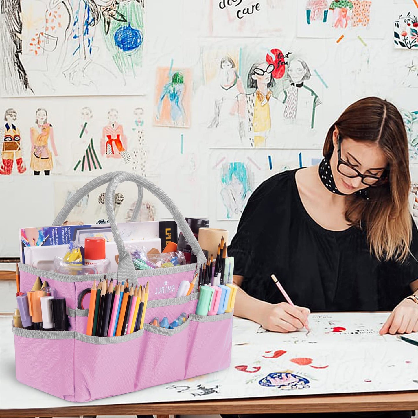 JJRING Craft and Art Tote - 600D Pink Nylon Fabric Art Sewing Organizer Bag with Pockets - for Craft, Scrapbooking, Medical, and Office Supplies Storage