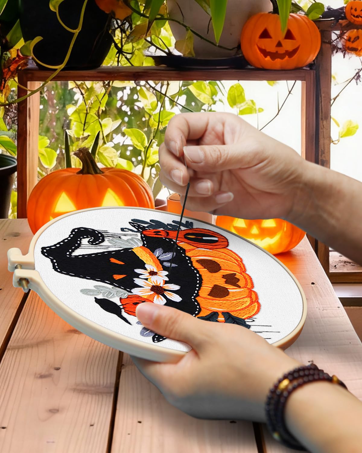 Halloween Embroidery Kit for Adult, 5 Pack Embroidery DIY Starter Kit, with Stamped Patterns, Hoop, Tools, Colorful Threads with Needles, Instructions