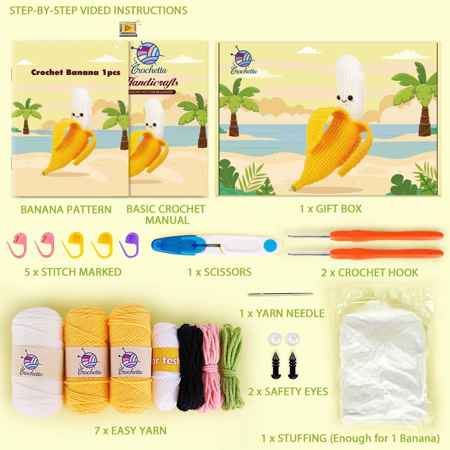Crochetta Crochet Kit for Beginners, Crochet Starter Kit with Step-by-Step Video Tutorials, Crochet DIY Knitting Supplies for Adults Kids, Crochet Kit Banana(40%+ Yarn)