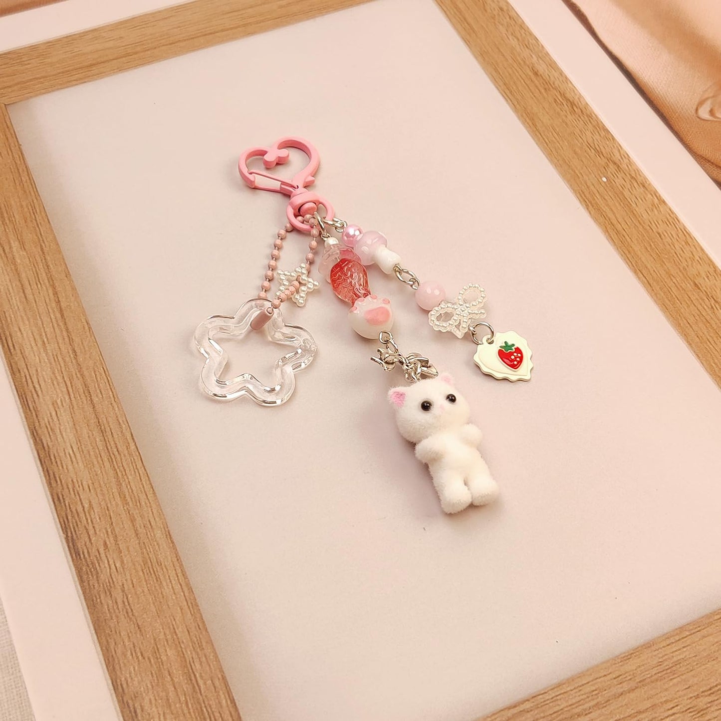 Nalefow Cute Pink Keychain, Fuzzy Cat Keychain Aesthetic Y2K KeychainCharms Stylish KeychainsAccessories for Bag Charms Purse Gifts (1PCS Pink White Cat)
