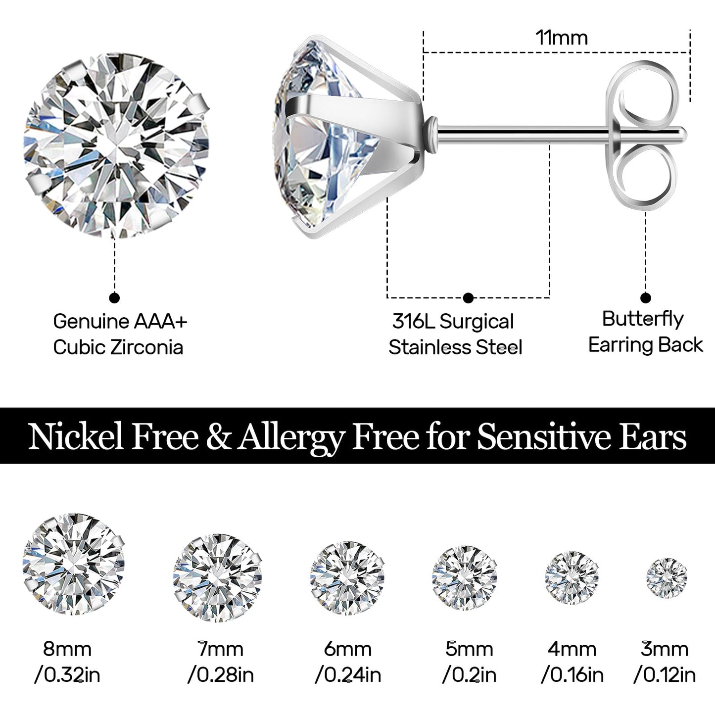 6 Pairs Stud Earrings for Women,Hypoallergenic Cubic Zirconia 316L Earrings Stainless Steel CZ for Women 3-8mm