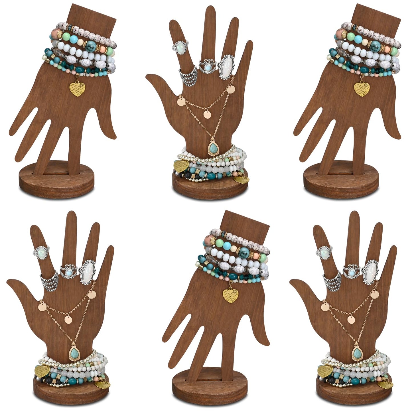 MOOCA 6-Piece Wooden Hand Form Jewelry Display Set - 2-Way Design for Wall Hanging or Standalone Mannequin Finger Hand Display, Brown Color