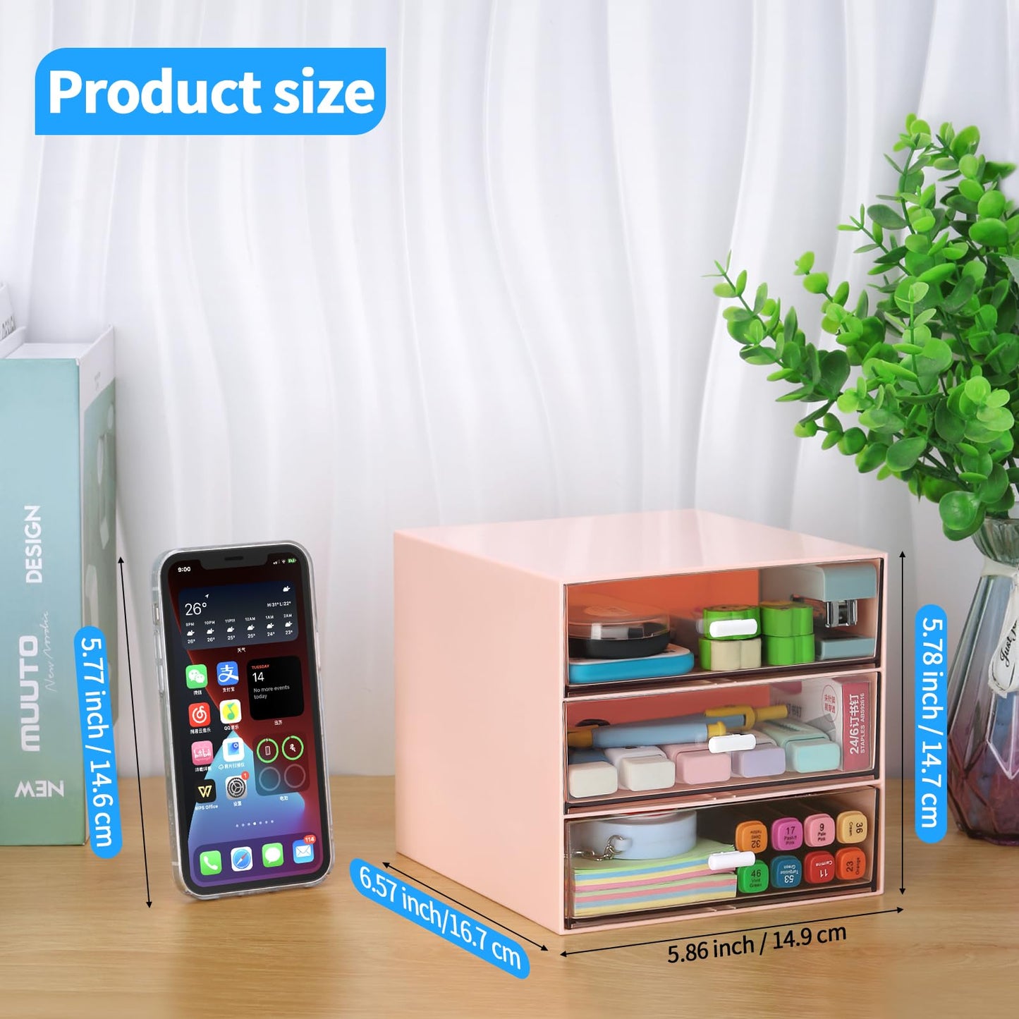 LETURE Desk Organizer with 4 Drawers, Clear Plastic Desk Storage Box, Desktop Organization for Office Supplies, Gel Pens, Pencils, Markers, Tape, Erasers, Paperclips, Chargers (Pink w 3Draws)