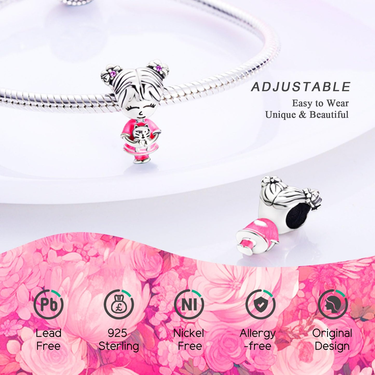 NUJIFFY 925 Sterling Silver Charms Bead for Bracelets & Necklaces, Pink Cat Charms Pendant, Bunny Piggy Bead Animal Charm Bracelets, Cool Graduation Gifts Jewelry for Women