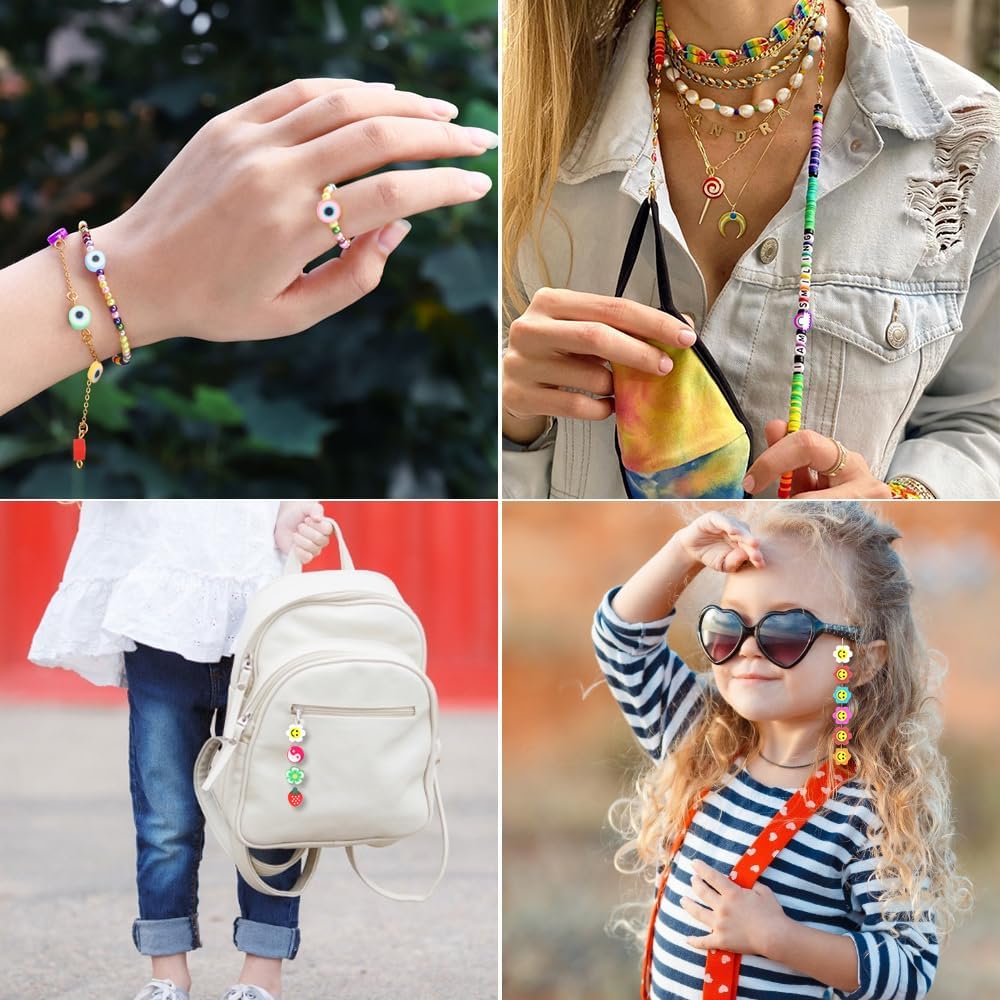 DULEFUN 300PCS Clay Beads Charms,Fruit Flower Letter Beads Soft Beads for Women Girls Bracelet Making DIY Bracelet Necklace Earring Accessories with 4m Crystal Elastic String