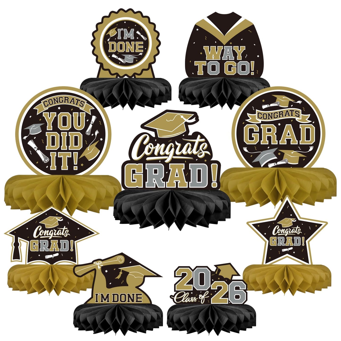 9PCS Graduation Party Decorations Class of 2026 Congrats Grad Table Centerpiece Congratulate Graduation Honeycomb Table Toppers for Graduation Party Supplies(Black）