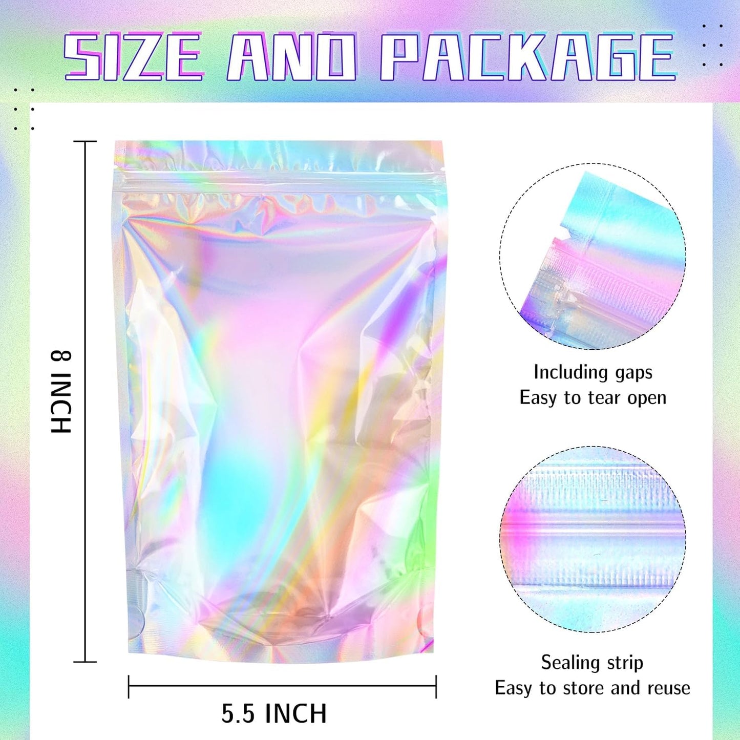 NPLUX Holographic Mylar Bags Resealable Smell Proof Bags for Lip Gloss, Jewelry, Lash Candy and More - Small Business Packaging Supplies(100PACK, 5.5x8INCH)