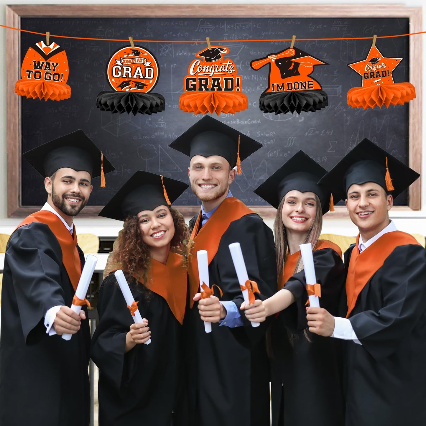 9PCS Graduation Party Decorations Class of 2026 Congrats Grad Table Centerpiece Congratulate Graduation Honeycomb Table Toppers for Graduation Party Supplies(Orange,Black）