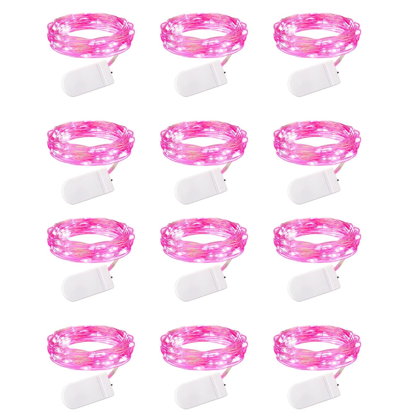 Valentine's Day 12 Pack Pink Led Fairy Lights Battery Operated String Lights Waterproof Silver Wire 7 Feet 20 Led Firefly Starry Moon Lights for DIY Wedding Party Bedroom