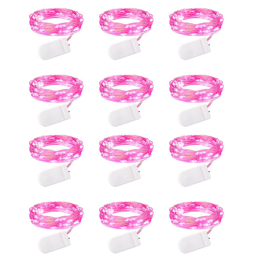 Valentine's Day 12 Pack Pink Led Fairy Lights Battery Operated String Lights Waterproof Silver Wire 7 Feet 20 Led Firefly Starry Moon Lights for DIY Wedding Party Bedroom