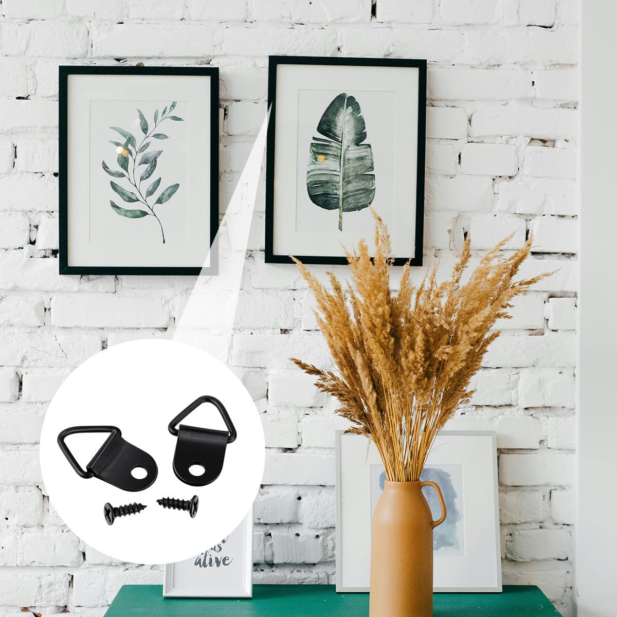 100 Pack Steel Picture Hangers with 100pcs 8mm Screws, Small Triangle Ring, Light Duty D Rings for Clock, Decoration, Mirror, Paintings, Artwork Picture Frame (Black)