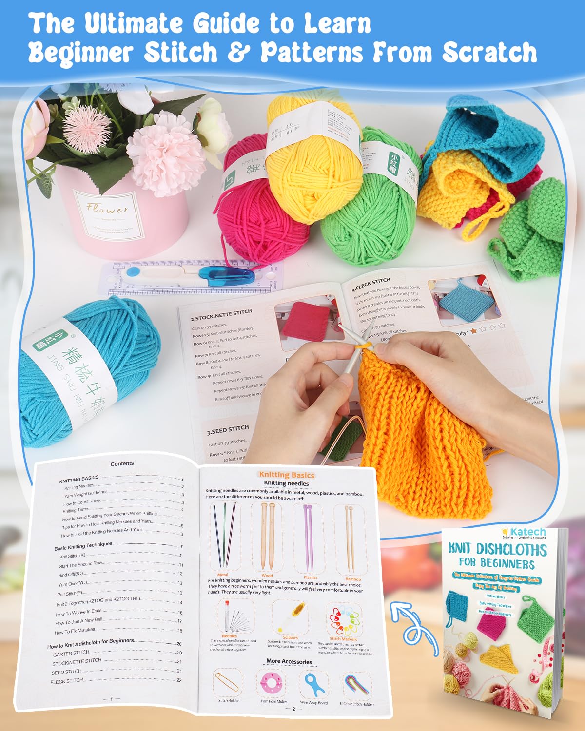Katech Knitting Kit for Beginners - Learn to Knit Dishcloth - Adults & Kids Knitting Kit with Knitting Book, Needles, Yarn, Yarn Needle, Craft Kits Gift (Beginner to Expert)