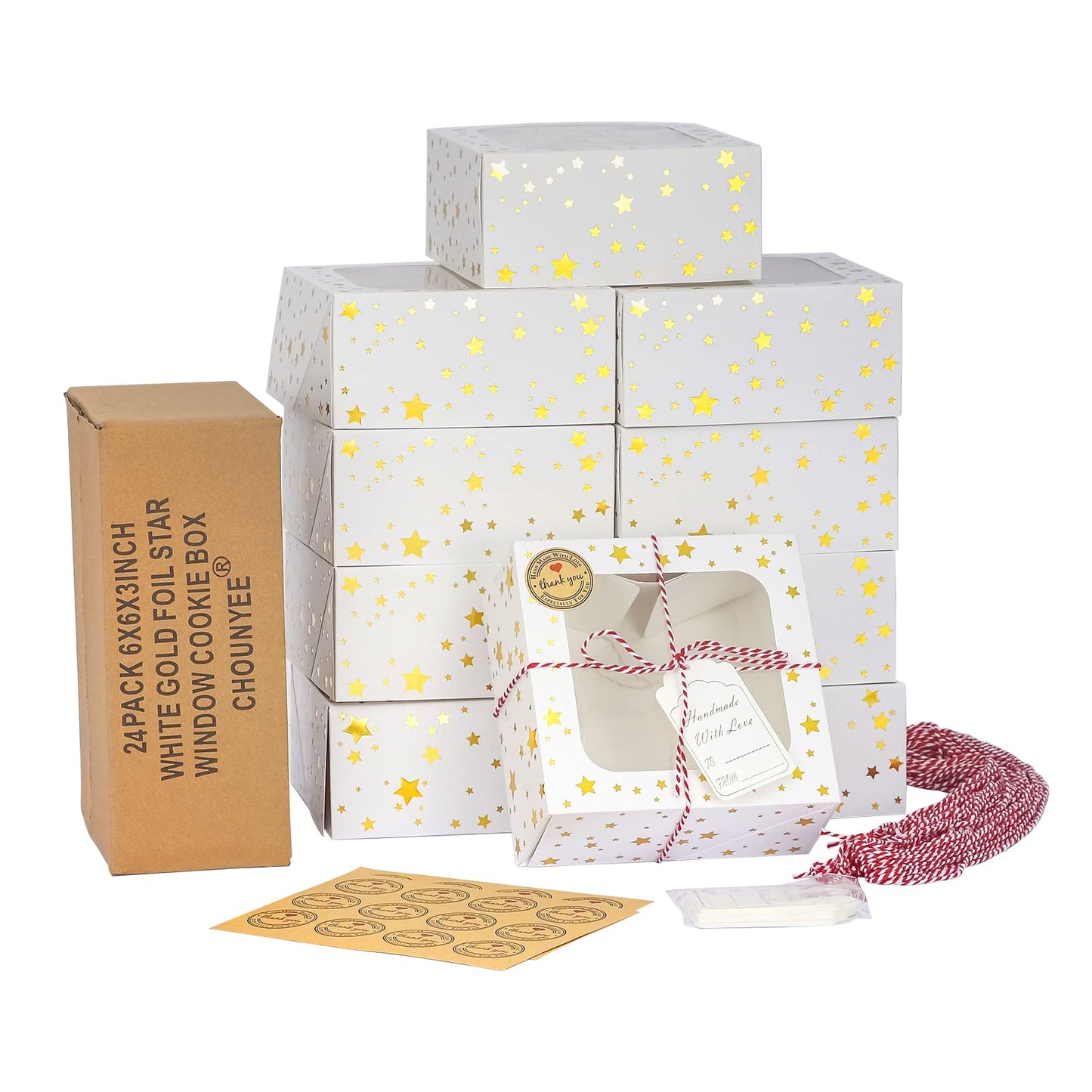 24 Pack 6X6X3 Christmas Cookie Boxes for Gift Giving Gold Foil Star White Bakery Boxes with Window 6 Inch Small Treat Boxes for Mini Cake Pastry Dessert Cupcakes Candy Donut Packaging
