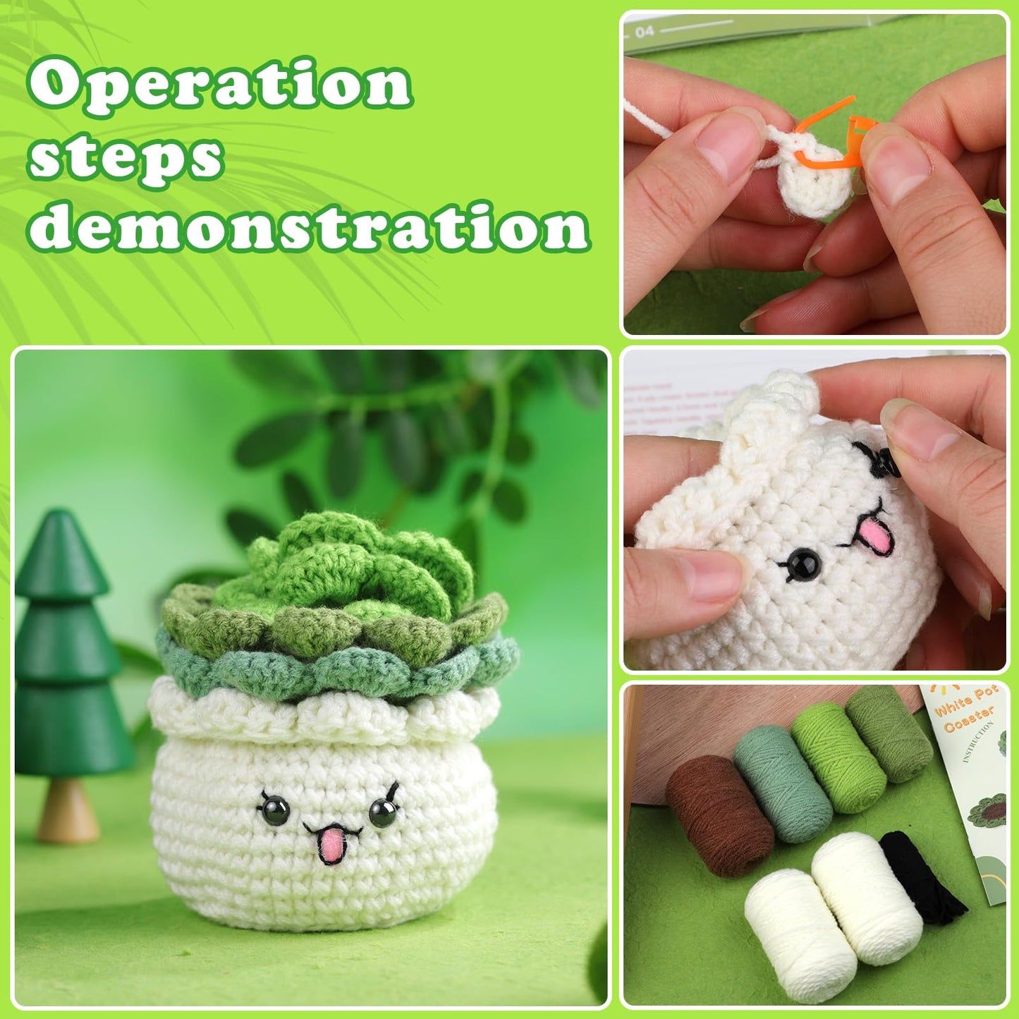 FTEVEN Crochet Kit for Beginners, 3PCS Coasters Potted Plants Crochet Starter Kit for Beginners Adults, Knitting Kit with Step-by-Step Video Tutorials and Crochet Yarns