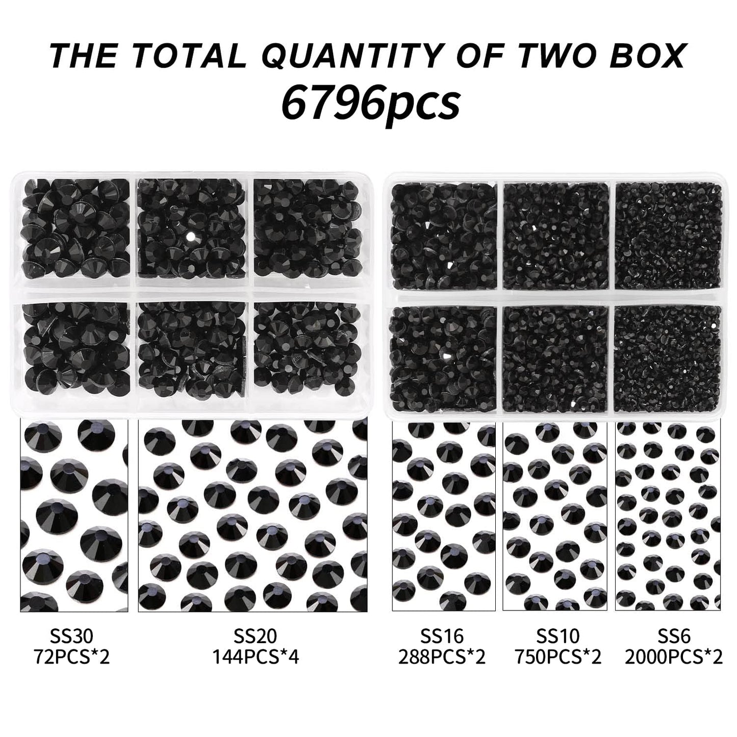 MEIBITE 6796PCS Black Hotfix Rhinestones Crystal Stones Glass for Fabric Clothes Shirts Sparkly Flat Back Round with Tweezers and Picking Pen (SS6~SS30 Set)