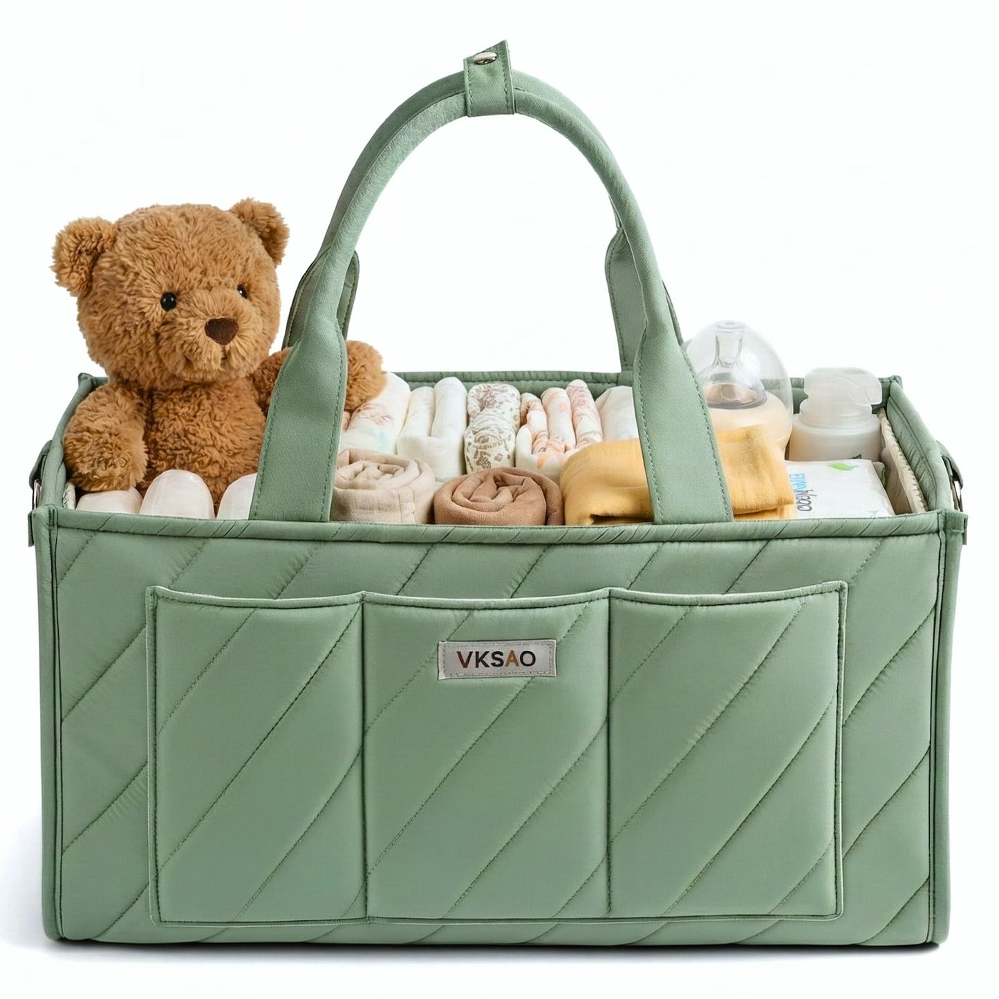 VKSAO Baby Essentials Diaper Caddy Organizer – Portable Storage Basket with Shoulder Strap & Stroller Hooks, Splashproof Quilted Nursery & Car Tote, Gender Neutral Gifts for Baby Shower, Sage Green
