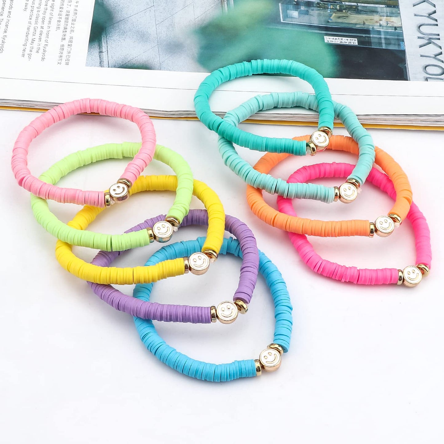 JIASHUYEYE Smile face Preppy Bracelets for Teen Girls - Stackable Boho Surfer Friendship Bracelets Set for Little Girls & Women