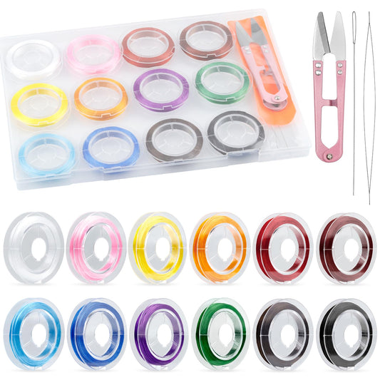 12 Roll FIVEIZERO 0.7mm Flat Elastic Bracelet String Cord, 12 Color High Stretch Beading Elastic String for Bracelets Necklace Jewelry Making, Stretchy Thread Cord for Clay Beads, Crystal & Pony Beads