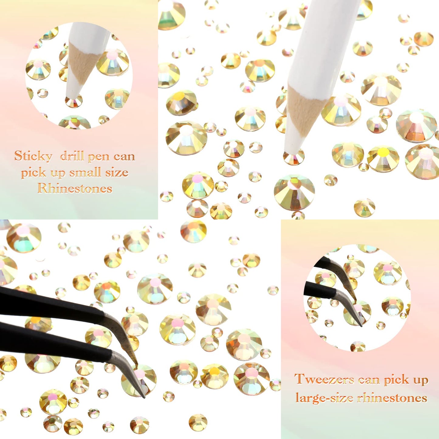 TecUnite 2000 Pieces Flat Back Gems Rhinestones 6 Sizes (1.5-6 Mm) Round Crystal Rhinestones with Tools for Crafts Nail Clothes Shoes Bags DIY Art (Metallic Sunshine)