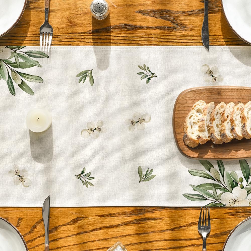 Cross Olive Leaves Spring Table Runner,Seasonal Summer Easter Kitchen Dining Table Decoration for Home Party Decor 13x72 Inch