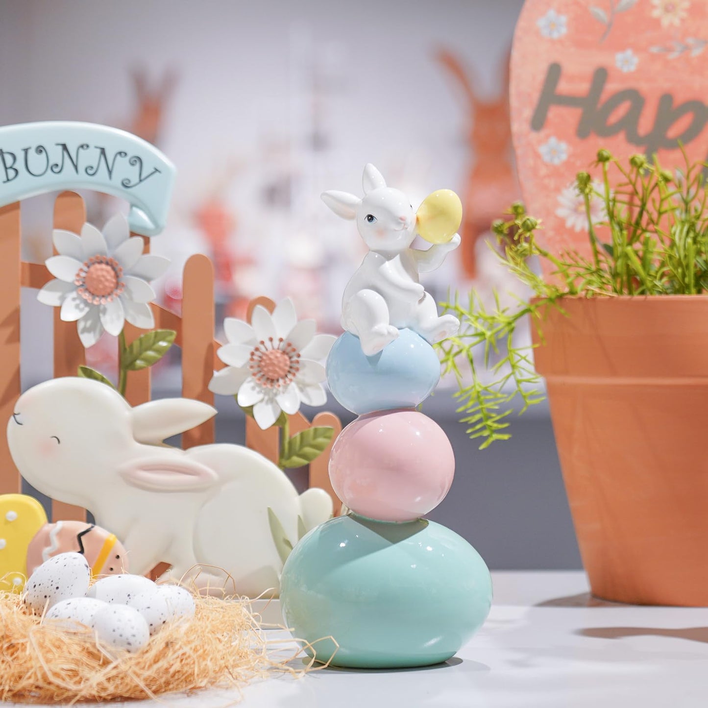 Easter-Decorations - Cute Bunny Decor - Rabbit Figurine - Table Centerpiece - Spring Rabbit Sitting Egg Tower Figure Bunny Sulpture for Indoor Home Farmhouse Decor 4.25*3.25*10 in Newman House Studio