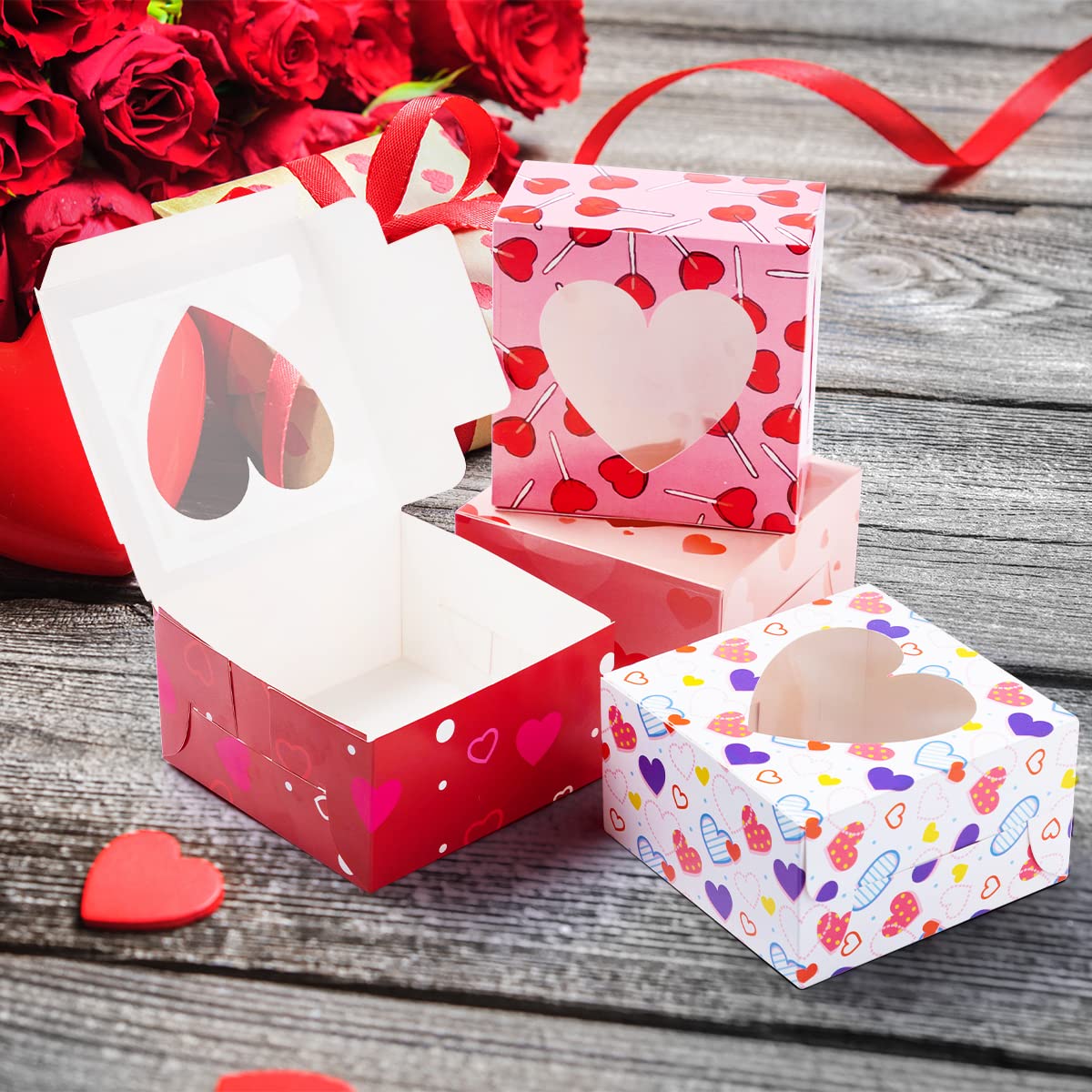 24 Pcs Valentine’s Day Bakery Treat Boxes Valentines Cupcake Boxes Cookie Boxes with Window for Holiday Pastries, Doughnut, Cookie, Cupcakes, Brownies, Truffles Gift Giving