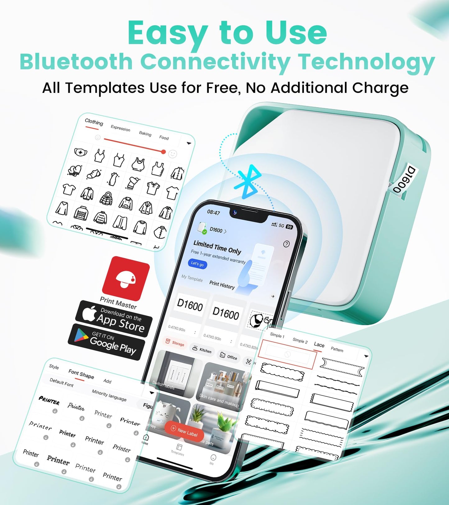 Vixic Label Maker, D1600 Label Maker Machine with-Tape, Bluetooth Handheld Label Makers Portable, Easy Labeler Machine with Multiple Template Icon Font for School Home Office Organization, Inkless