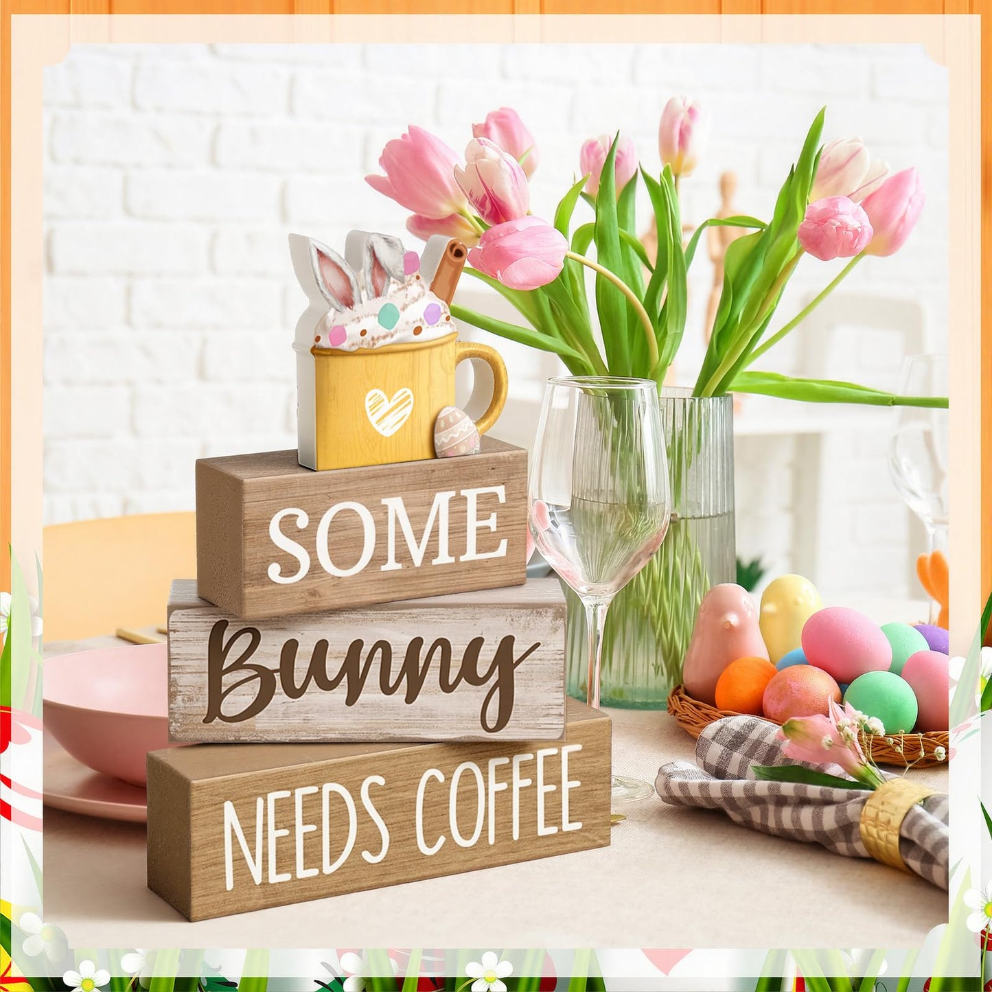 4 Pcs Easter Table Decorations Wooden Coffee Bunny Tiered Tray Decor Happy Easter Centerpiece for Tables Decorative Rabbit Block Signs Gifts Farmhouse Rabbit Decor for Home Kitchen Shelf
