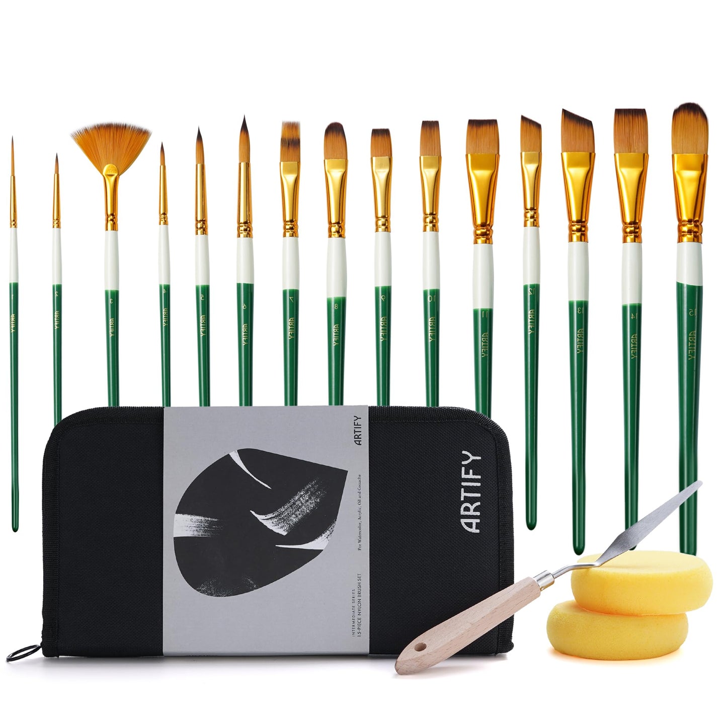 18 Piece Paint Brush Set, ARTIFY 15 Acrylic Paint Brushes, Palette Knife, and 2 Sponges, Professional Artist Paint Brushes for Acrylics, Watercolors, Gouache, Canvas, and Face Painting, Green