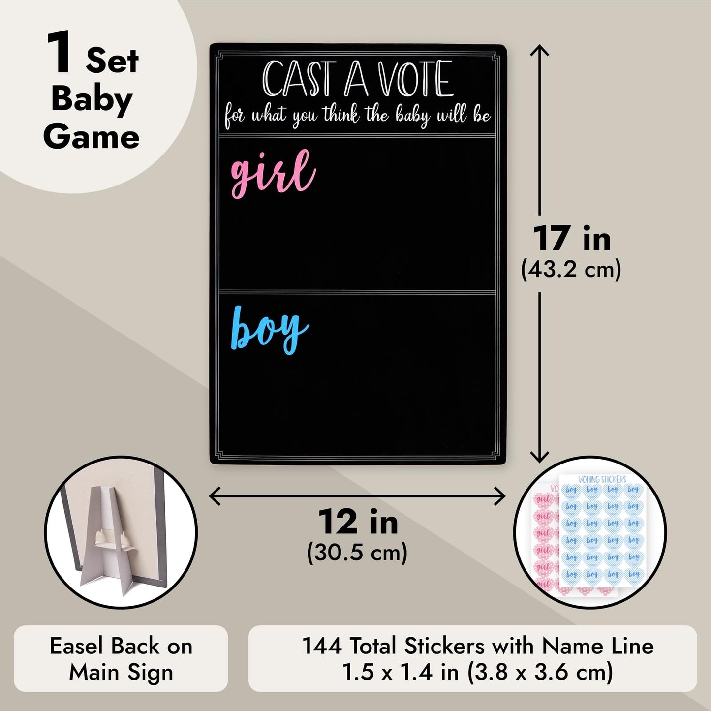 Juvale Baby Shower Decorations Gender Reveal Voting Board & Boy or Girl Guessing Board - Black Chalkboard 12 x 17 in - Baby Shower Game with 144 Pink & Blue Heart Voting Stickers