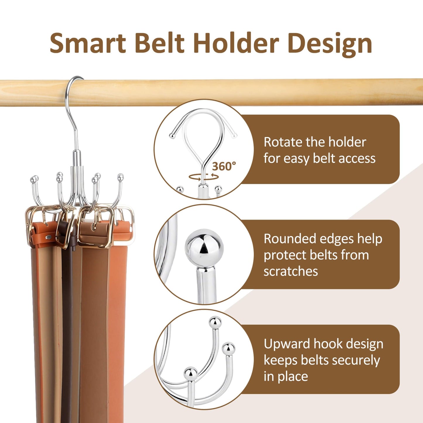ZEDODIER Belt Organizer for Closet, Heavy-Duty Rotating Belt Hanger Rack Holds up to 24 Belts, Hanging Space Saving Metal Belt Holder for Closet Storage, Silver