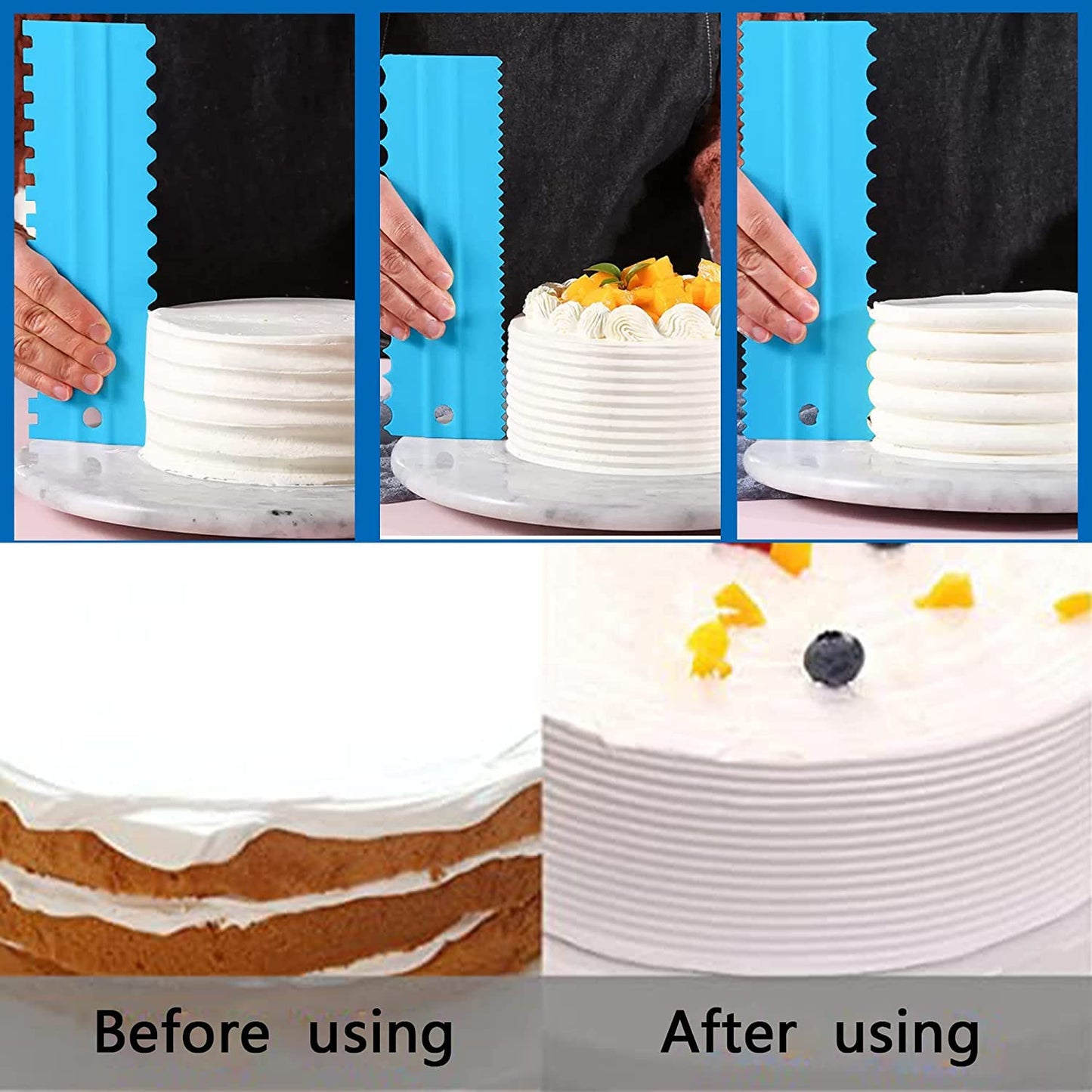 Adjustable Cake Scraper Smoother Tool,Cake Scraper Set,Double Sided Patterned Edge Smoothe Plastic Sawtooth Comb,Bench Scraper For Cake Decorating,Baking,cream Icing Smoother(4+1Pack)(Blue,White)