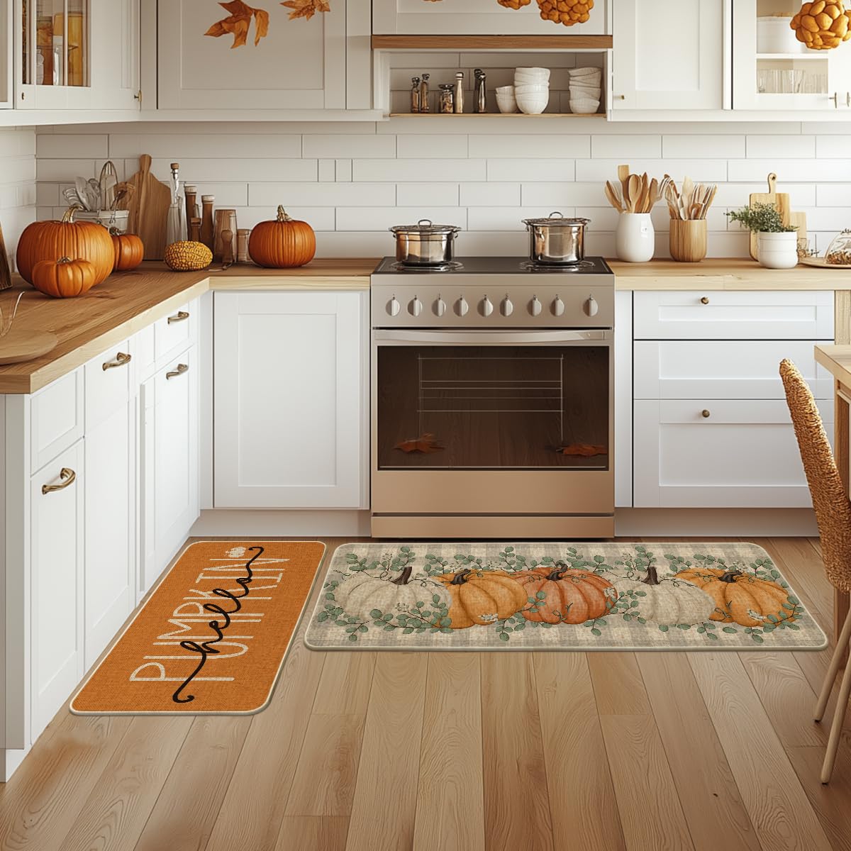 Artoid Mode Orange Buffalo Plaid Hello Pumpkin Eucalyptus Fall Kitchen Mats Set of 2, Home Decor Low-Profile Kitchen Rugs for Floor - 17x29 and 17x47 Inch