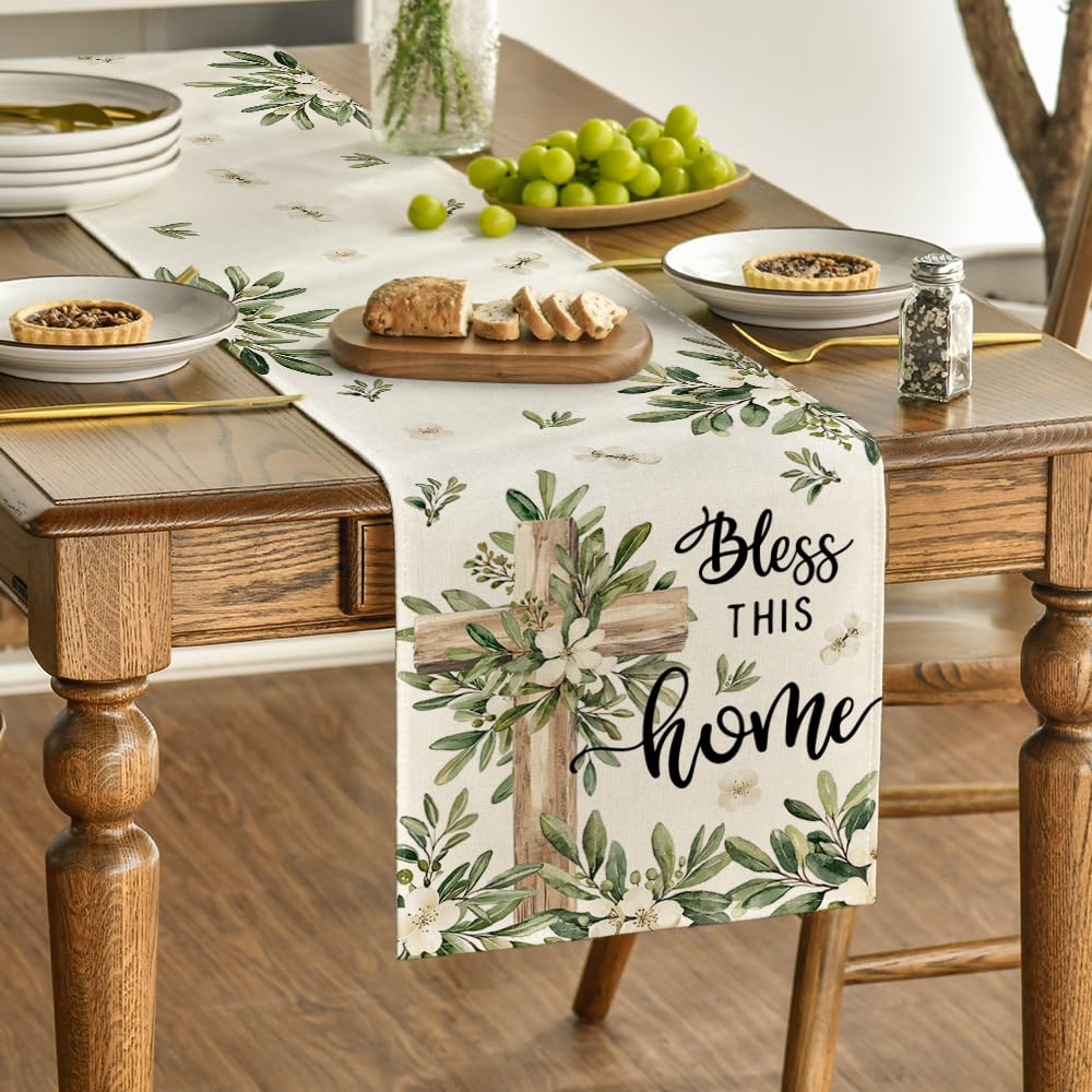 Cross Olive Leaves Spring Table Runner,Seasonal Summer Easter Kitchen Dining Table Decoration for Home Party Decor 13x72 Inch