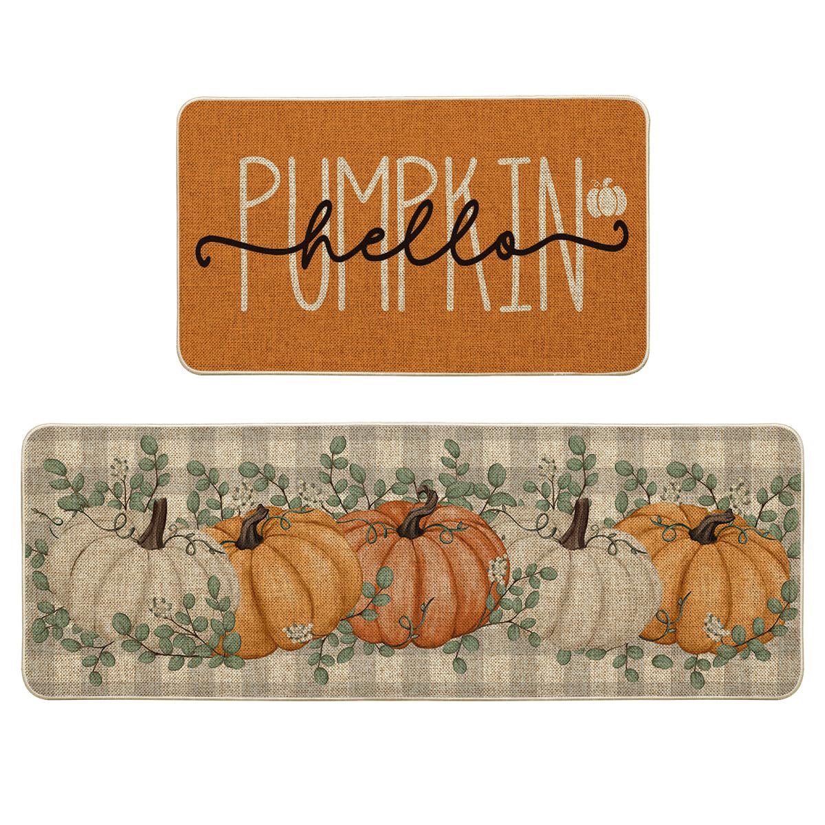 Artoid Mode Orange Buffalo Plaid Hello Pumpkin Eucalyptus Fall Kitchen Mats Set of 2, Home Decor Low-Profile Kitchen Rugs for Floor - 17x29 and 17x47 Inch