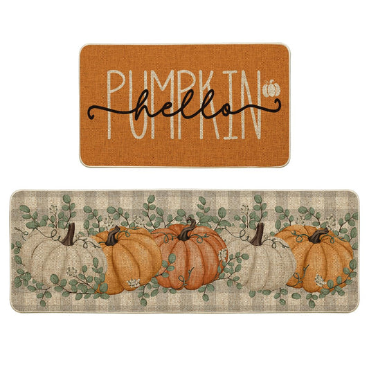 Artoid Mode Orange Buffalo Plaid Hello Pumpkin Eucalyptus Fall Kitchen Mats Set of 2, Home Decor Low-Profile Kitchen Rugs for Floor - 17x29 and 17x47 Inch